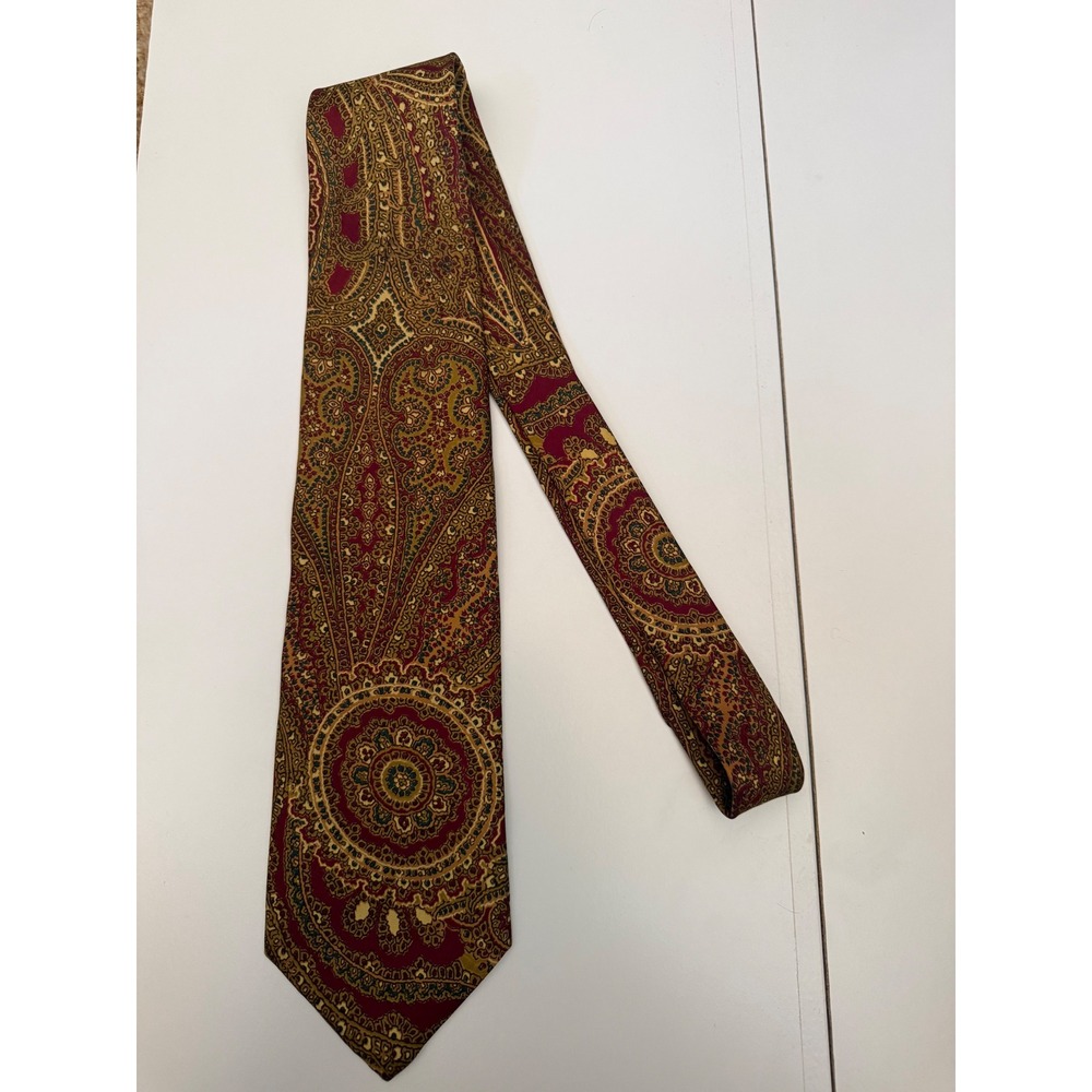 Vintage Silk Paisley Medallion Tie Burgundy Gold Olive Green Mens Necktie 4 Inch